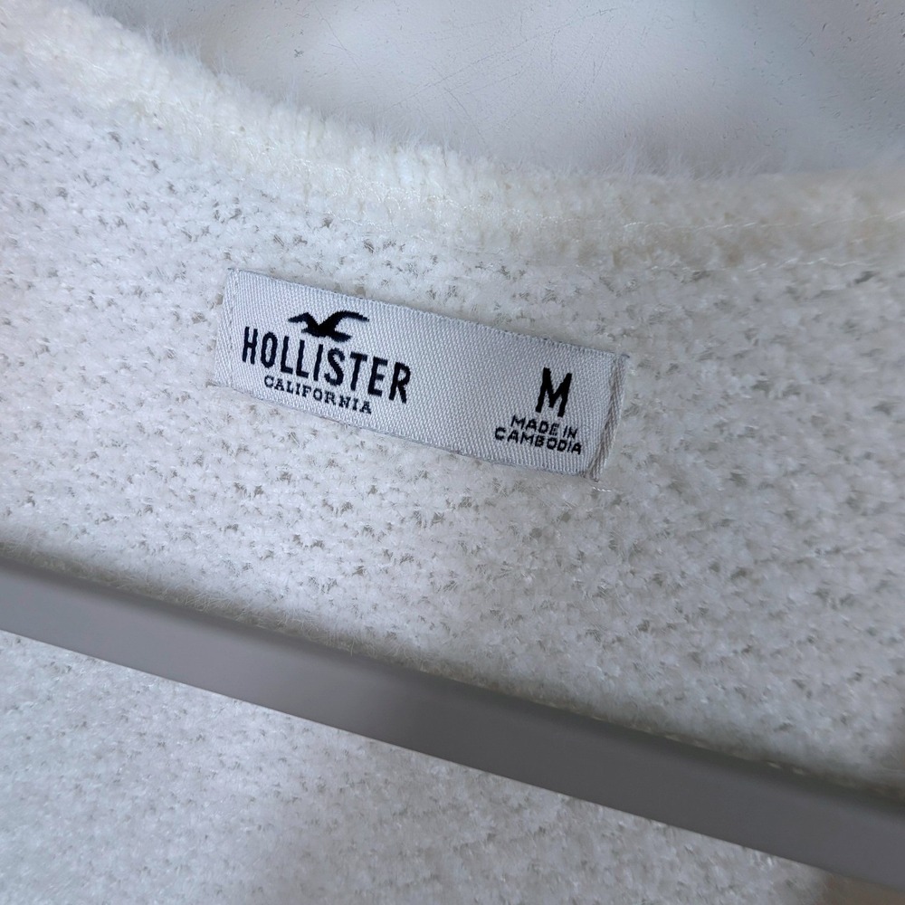 Hollister White Fuzzy Cropped Tie Front Cardigan Balloon Sleeve Sweater Womens M - Picture 4 of 7